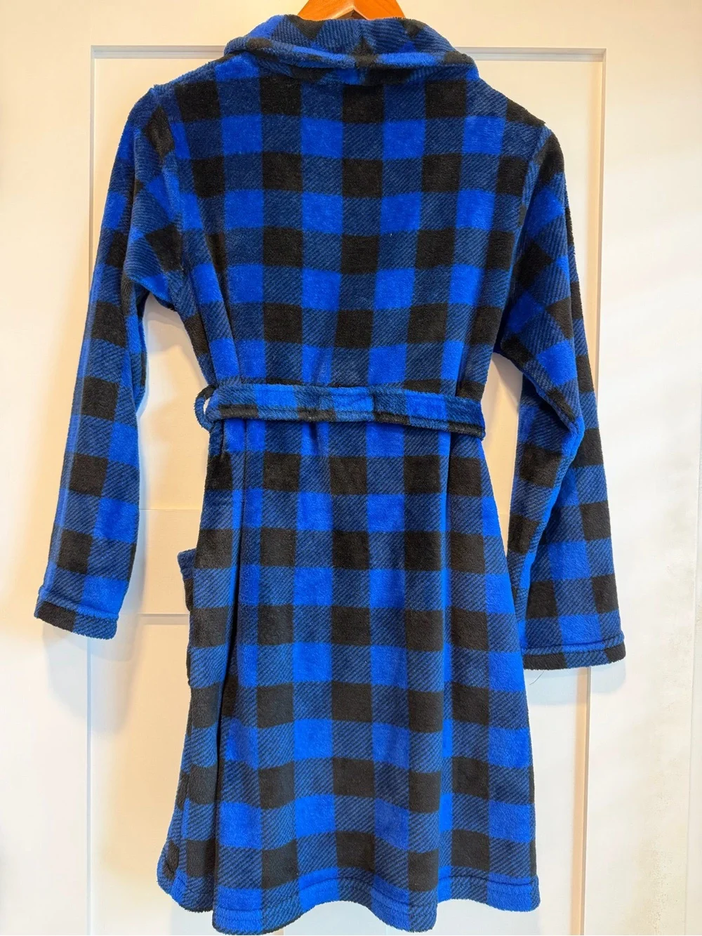 Kids Blue & Black Buffalo Plaid Fleece Robe with Belt